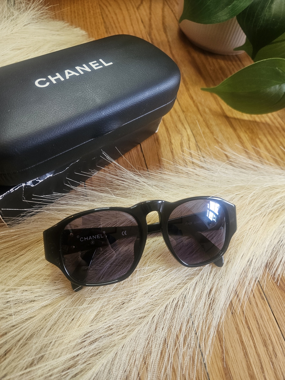 CHANEL Black Sunglasses with Dark Lenses, Case & Box Gold Logo